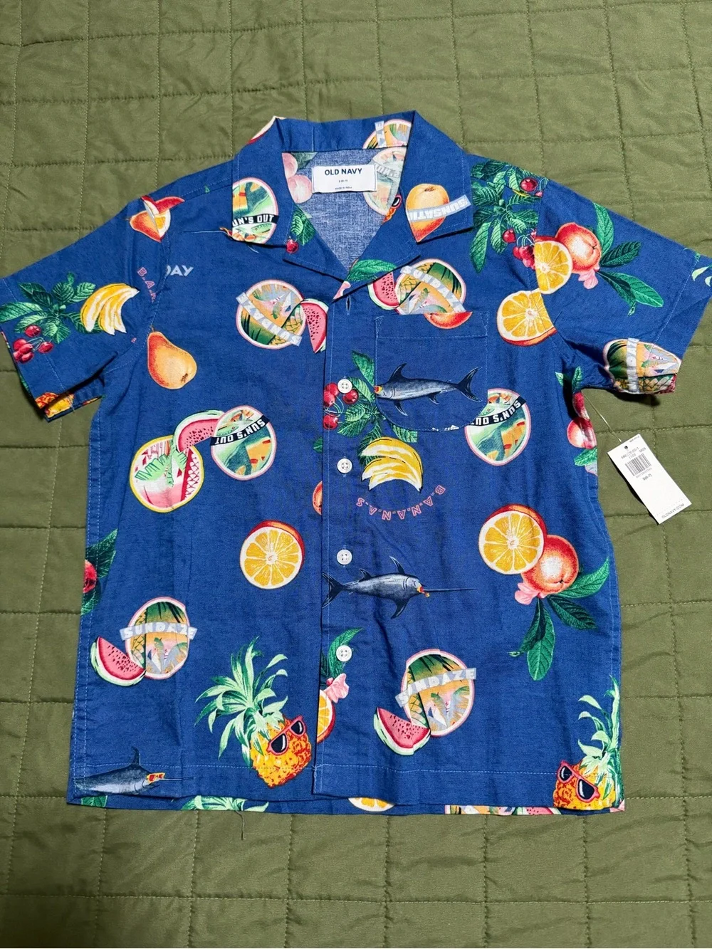 Old Navy Blue Tropical Fruit & Fish Print Camp Shirt - Men